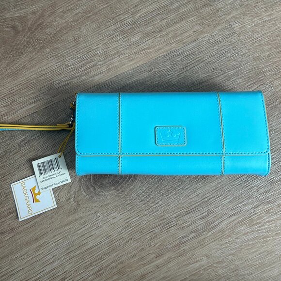NWT BAEKGAARD Genuine Leather Trifold Wristlet Turquoise Lemon Trim NEW - Picture 1 of 6